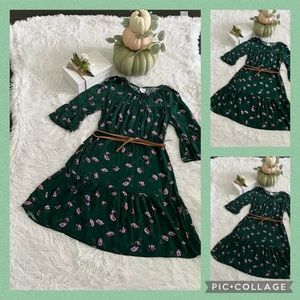 Floral green dress with brown braided belt